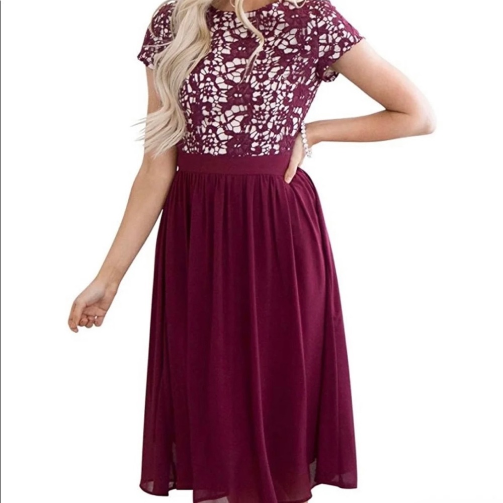 COPY - GORGEOUS LACE AND CHIFFON BURGUNDY AND TAN DRESS SIZE SMALL ONLY WORN ON…